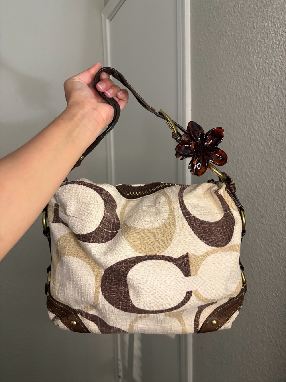 Coach Carly Brown & Cream Patterned Shoulder Bag